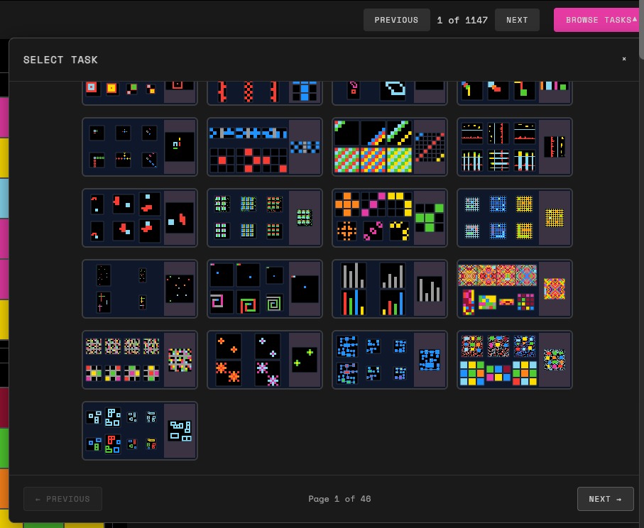 ARC-AGI visual task browser showing a grid of colorful abstract reasoning puzzles