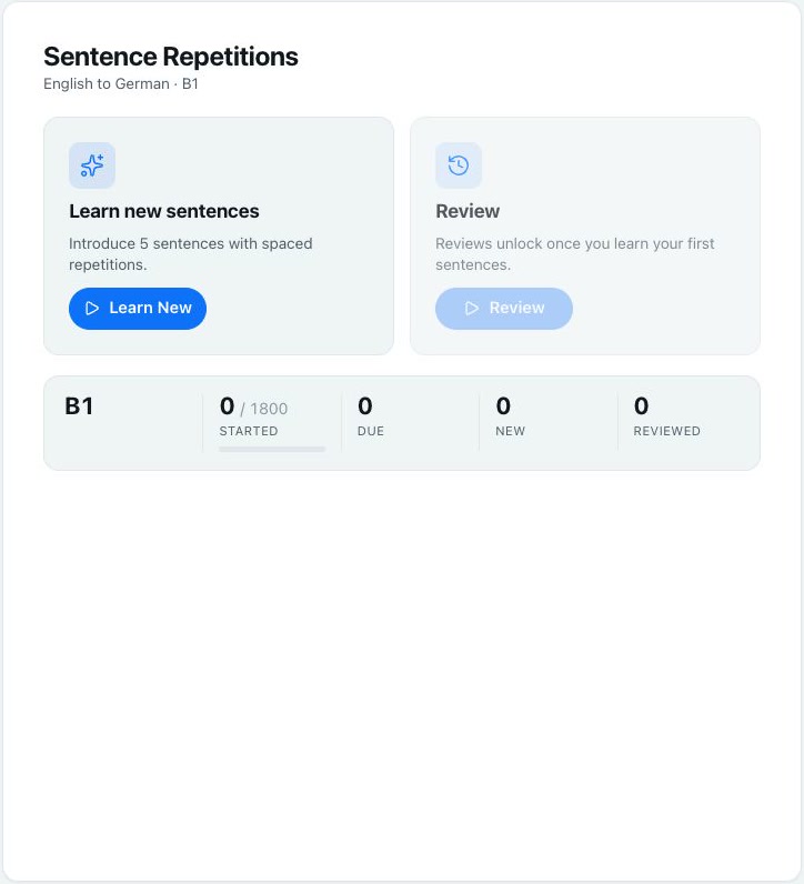 PhraseLang signed-in practice dashboard with new-sentence and review sessions