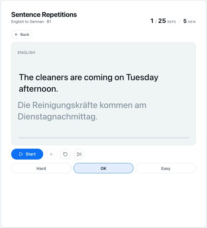 PhraseLang active English-to-German sentence repetition session