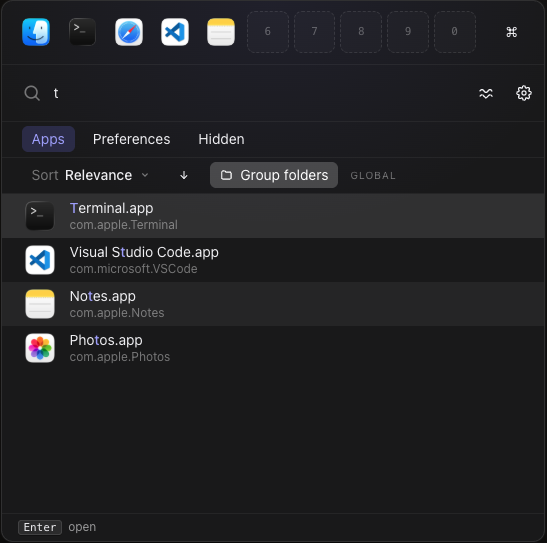 Snappy macOS app search interface showing Terminal, Visual Studio Code, Notes, and Photos