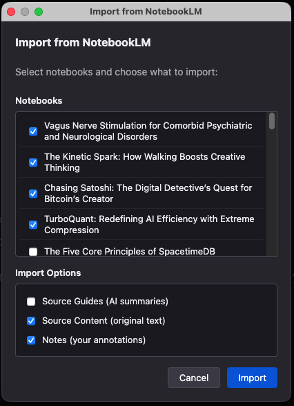 Zotero dialog for importing selected NotebookLM notebooks, source content, and notes