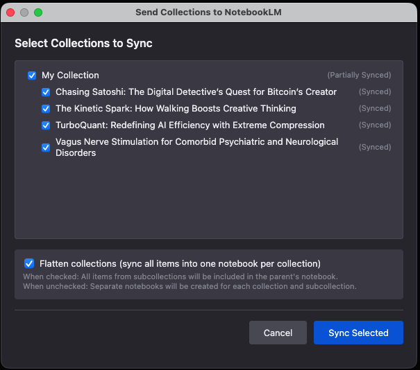Zotero dialog for selecting collections and subcollections to sync to NotebookLM