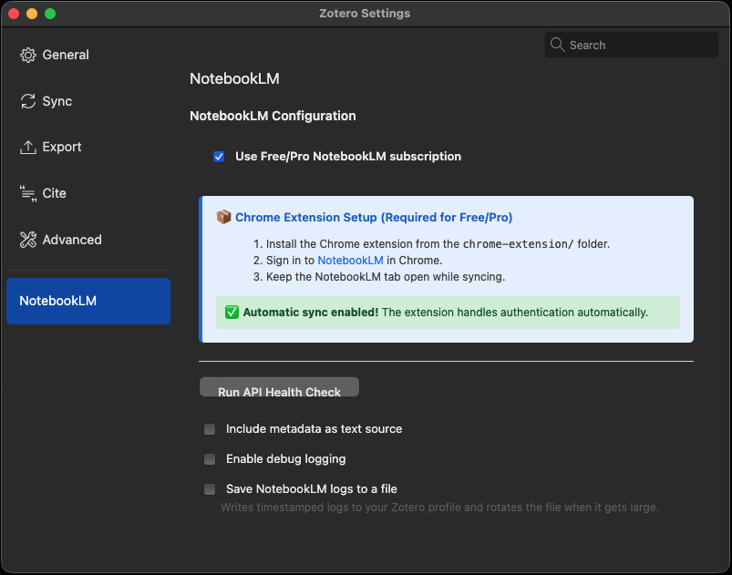 Zotero NotebookLM settings showing automatic consumer bridge setup and sync options